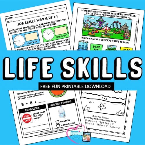 Collage of printable worksheets on job skills, amusement park costs, grocery shopping, and telling time.