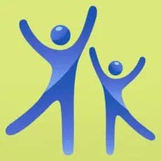 Two blue figures with arms raised against a yellow background.