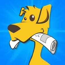 Cartoon dog holding a rolled-up newspaper in its mouth.
