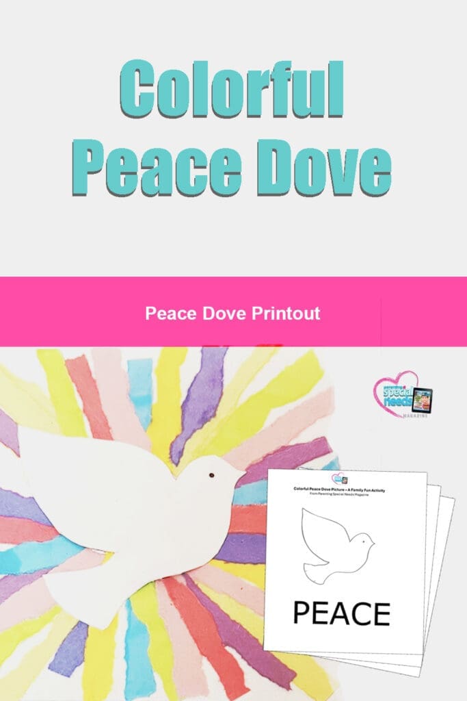 Colorful peace dove with radiating colorful paper strips and a peace dove printout.