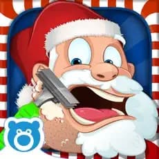 Santa Claus with scissors about to cut his beard.