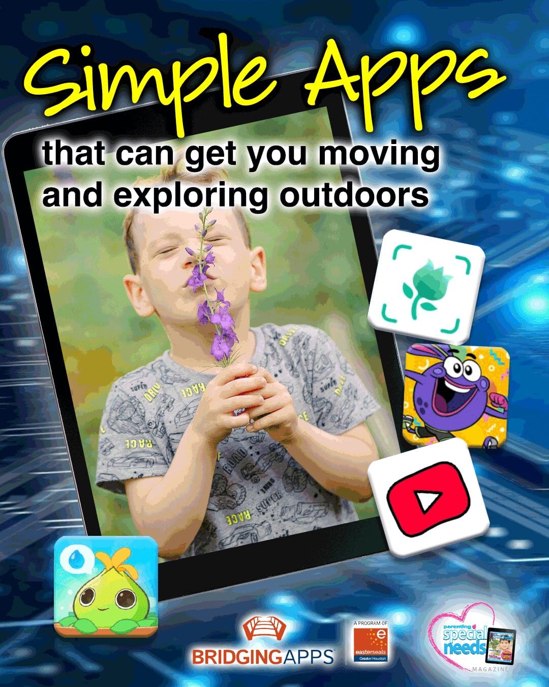 Cover for an article titled "Simple Apps That Can Get You Moving and Exploring Outdoors" featuring a boy smelling a flower and app icons.