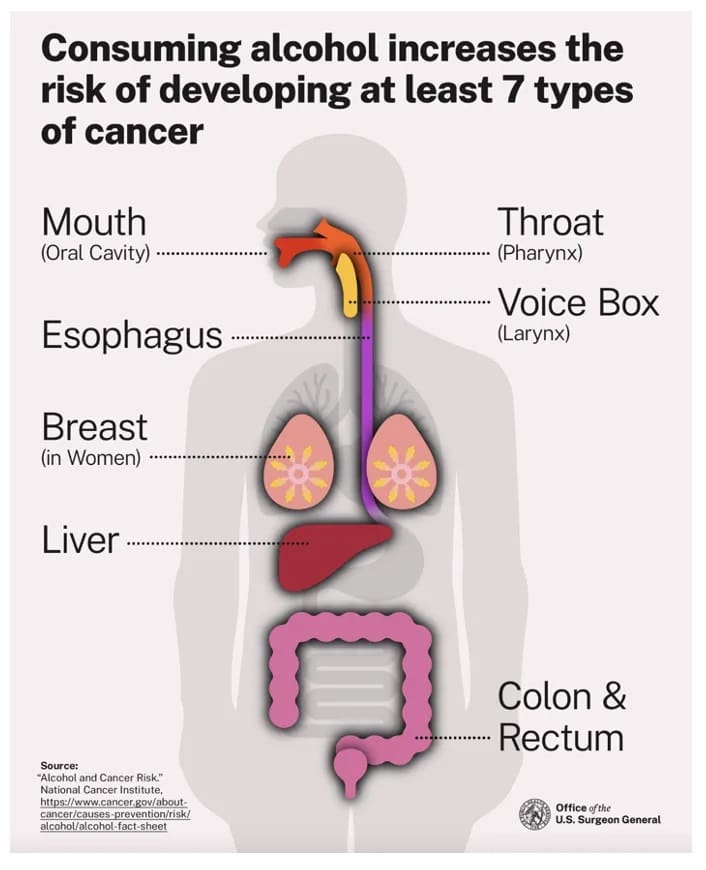 Diagram shows a human silhouette with labels pointing to organs where consuming alcohol increases cancer risk.