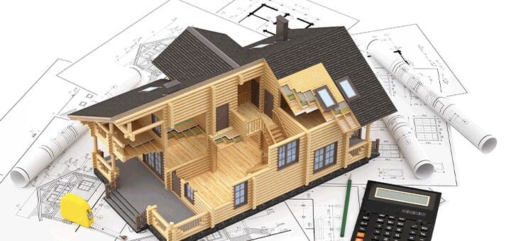 3D model of a house interior sitting on architectural blueprints with a calculator.