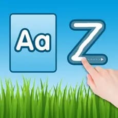 Tracing the letter Z on a screen with a finger, next to a box showing "Aa