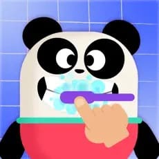 Cartoon panda brushing its teeth with a purple toothbrush.