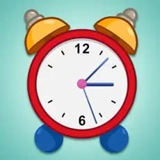 Red alarm clock with two bells and blue feet, set to 4:10.
