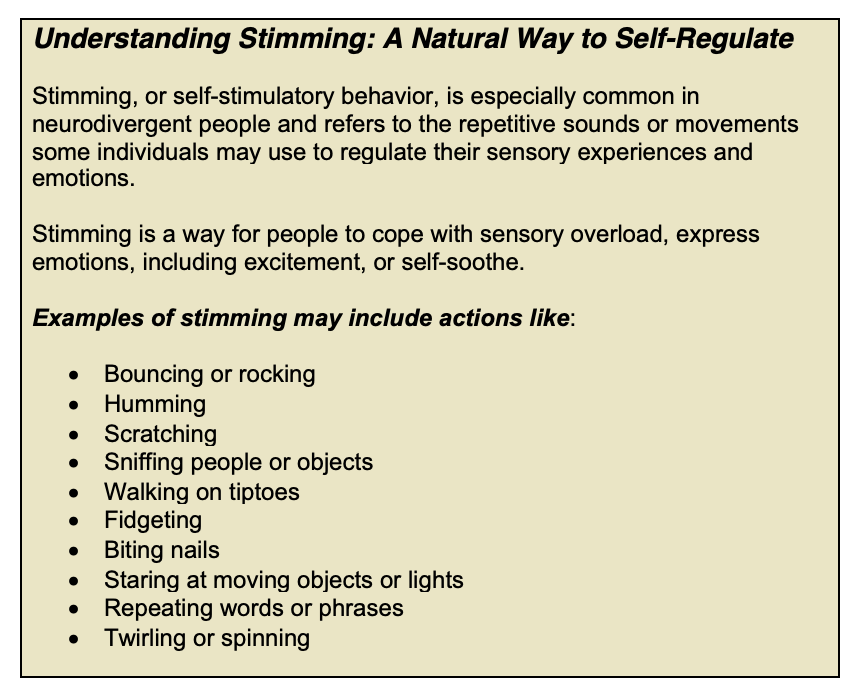 Text explaining what stimming is, including examples like bouncing, humming, and fidgeting.
