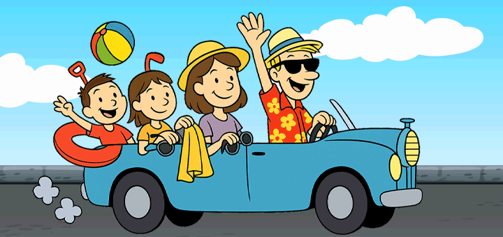 A family of four drives in a convertible with a beach ball and inner tube.