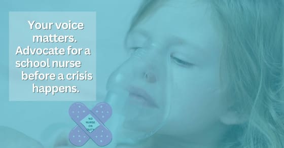 Child with a bandage on their cheek and text about advocating for a school nurse.