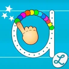 A finger tracing the letter 'a' on a blue background with colorful dots.