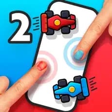 Two fingers race red and blue cars on a phone screen.