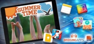 Tablet displaying "Summer Time" with children's legs and various app icons