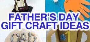 Collage of Father's Day gift craft ideas including a tie, a handprint card, and a trophy.