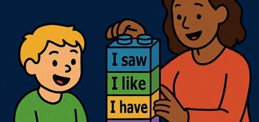 A child and an adult build a tower of blocks with words like "I saw" and "I like.