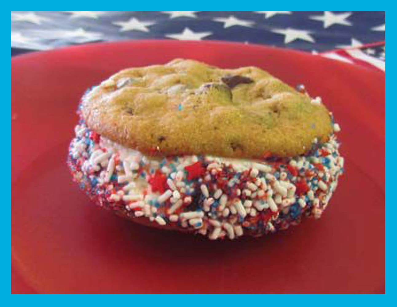Ice cream sandwich with red, white, and blue sprinkles on a red plate.