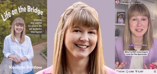 Kaelynn Partlow smiling, a collage of her book cover and two video stills.