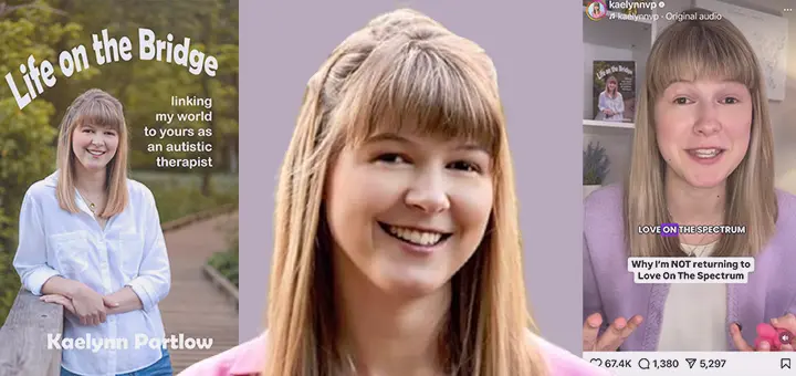 Kaelynn Partlow smiling, a collage of her book cover and two video stills.