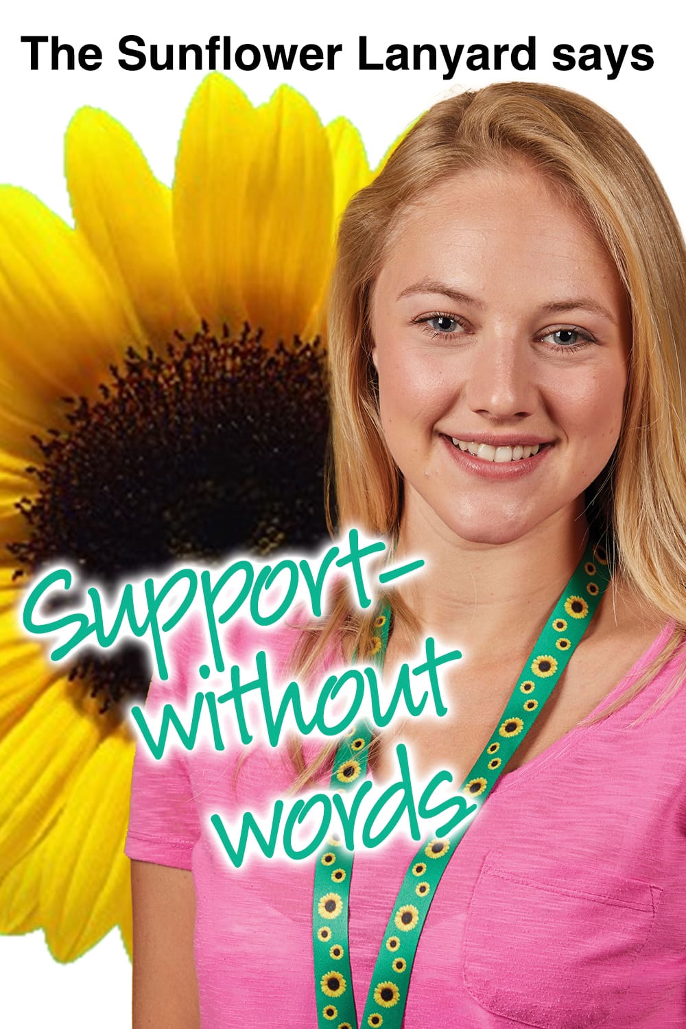 A young woman smiles, wearing a green sunflower lanyard over a pink shirt, with a large sunflower behind her.
