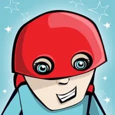 A cartoon child wearing a red superhero helmet and a light blue shirt.