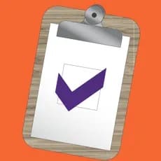 A clipboard with a checklist and a purple checkmark.