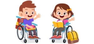 Two children in wheelchairs with backpacks and books wave hello.