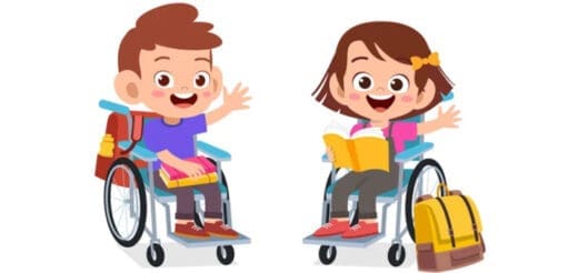 Two children in wheelchairs with backpacks and books wave hello.