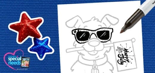Coloring page of a dog wearing sunglasses and holding a "Happy 4th of July" flag.