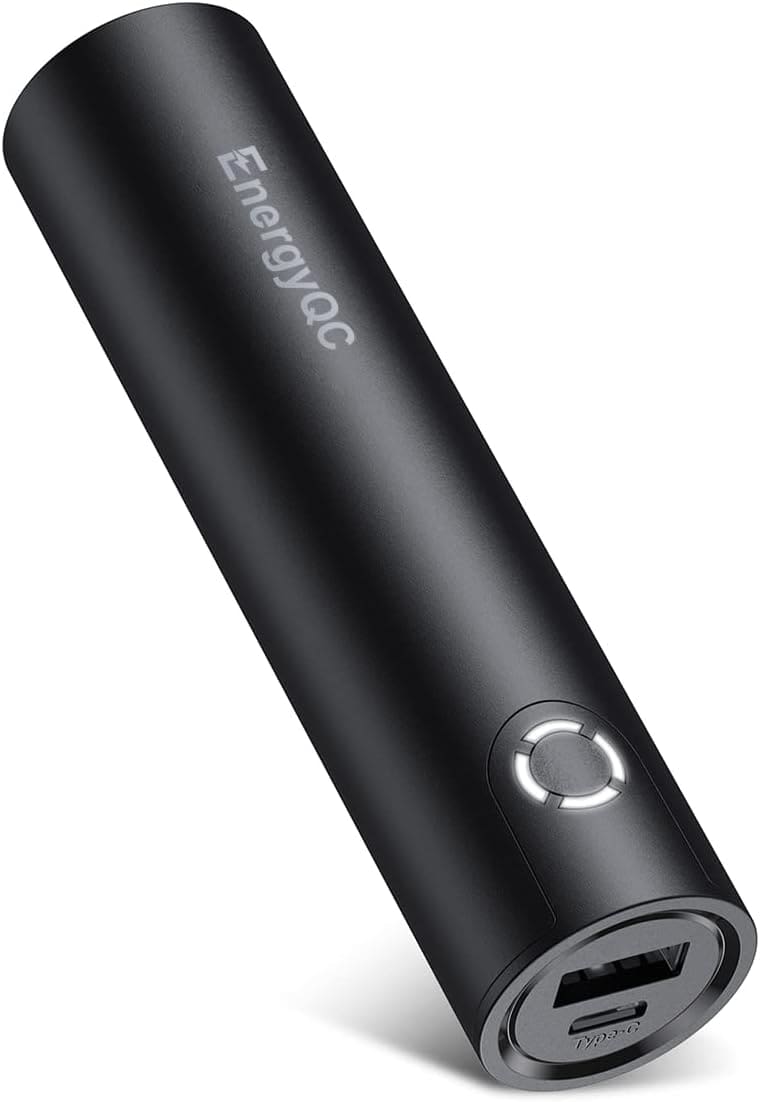 EnergyQC Fast Charging Portable Charger with a USB port and power button.