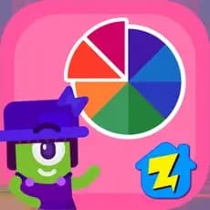 A cartoon cyclops wearing a purple hat and a colorful pie chart.