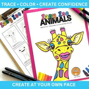Zany Zoo Animals coloring book with a giraffe on the cover next to a clipboard with tracing pages.