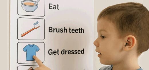A child points to a visual schedule with icons for eating, brushing teeth, and getting dressed.