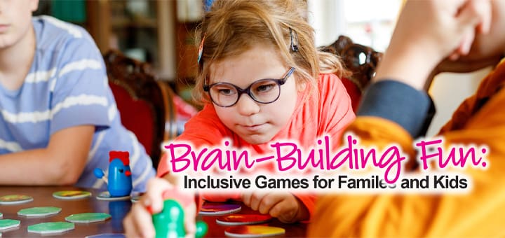 Children playing a board game with "Brain-Building Fun" text overlay.