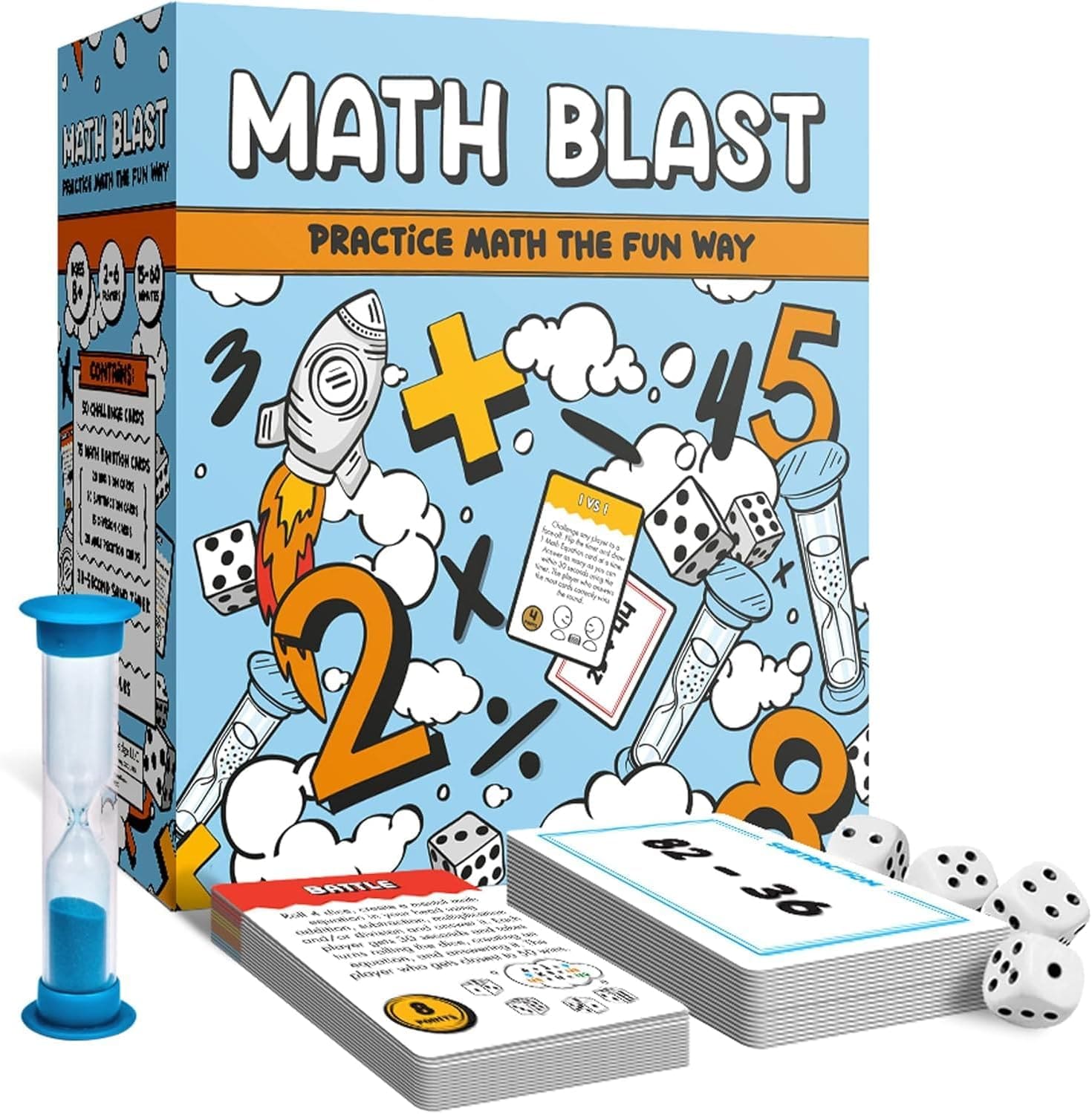 Math Blast game box with dice, cards, and hourglass