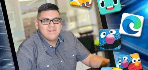 Man in glasses with app icons floating around him.