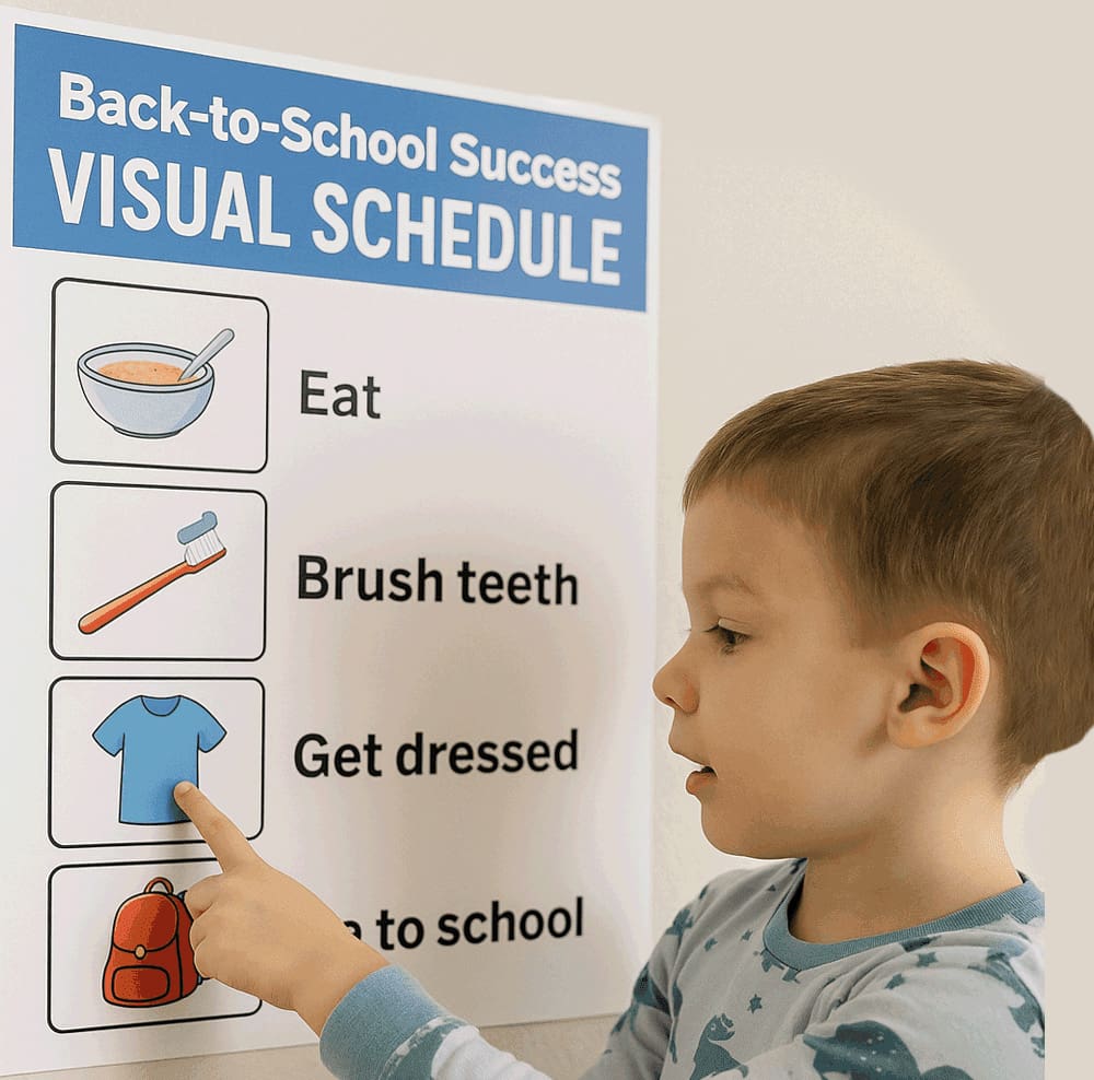 Visual schedule for back-to-school success lists eating, brushing teeth, getting dressed, and going to school.