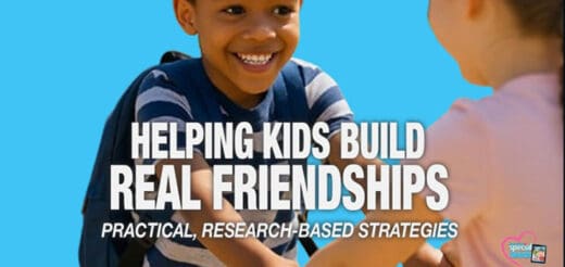 Two children playing together with the text "HELPING KIDS BUILD REAL FRIENDSHIPS" overlaid.