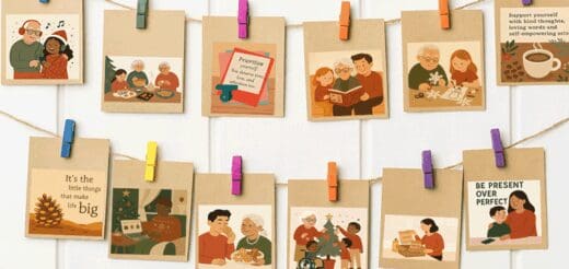 Collection of illustrated holiday cards hanging on a line.