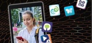 A young woman looks at her phone as stylized app icons float around her.