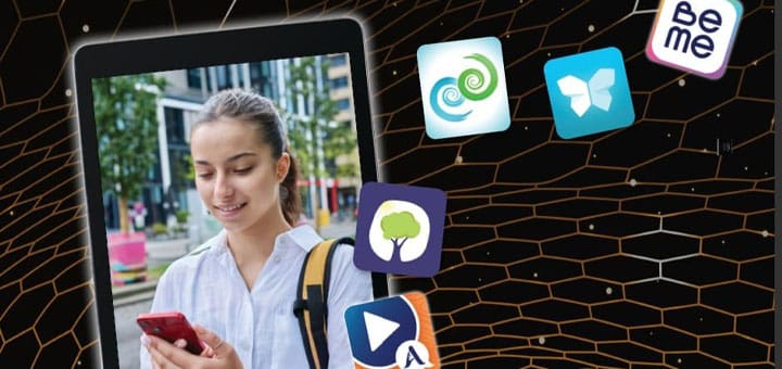 A young woman looks at her phone as stylized app icons float around her.