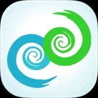 Two interlocking blue and green spirals on a white background.