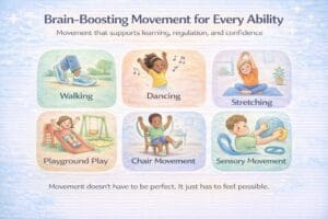 Infographic showing six illustrations of children engaging in different physical activities for brain health.