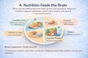 Diagram showing brain-supportive foods including healthy fats, protein, water, colorful produce, and whole grains.