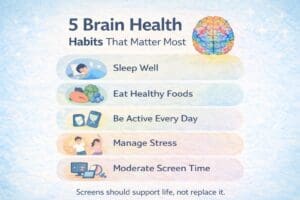 5 brain health habits: sleep well, eat healthy foods, be active every day, manage stress, and moderate screen time.