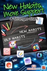Tablet screen showing a chalkboard with "OLD HABITS" and "NEW HABITS" written on it, surrounded by app icons.