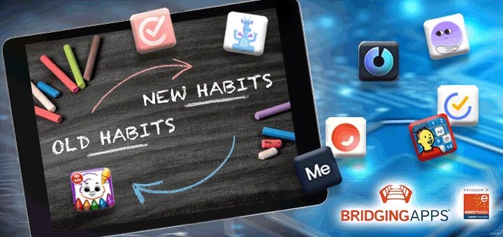 Chalkboard with "Old Habits" and "New Habits" written on it, surrounded by app icons.