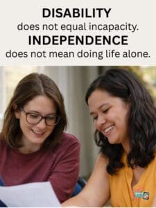 Two women smiling while looking at a document.