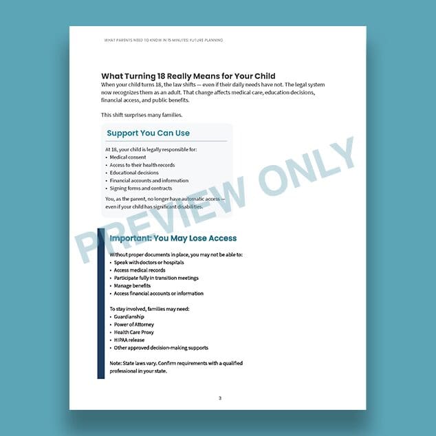Page from a guide detailing legal and practical changes when a child turns 18.