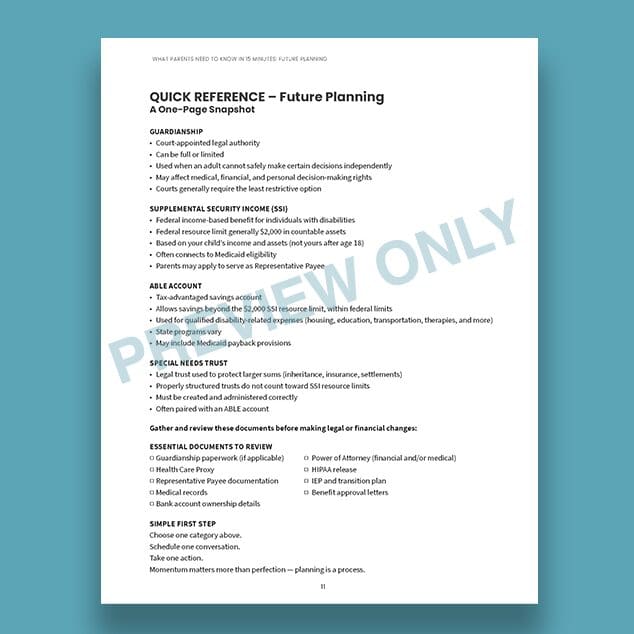 Quick Reference Future Planning A One-Page Snapshot document