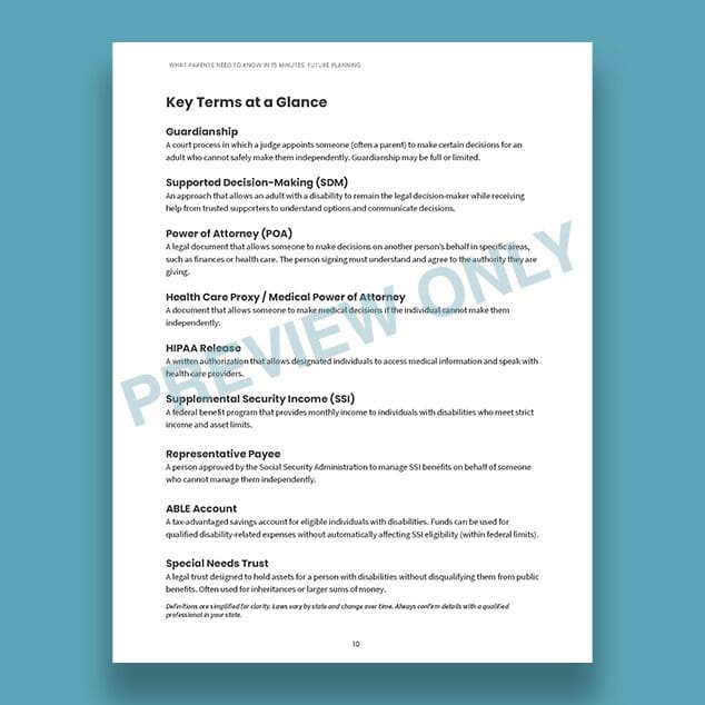 Document page with "Key Terms at a Glance" and definitions including Guardianship and Power of Attorney.